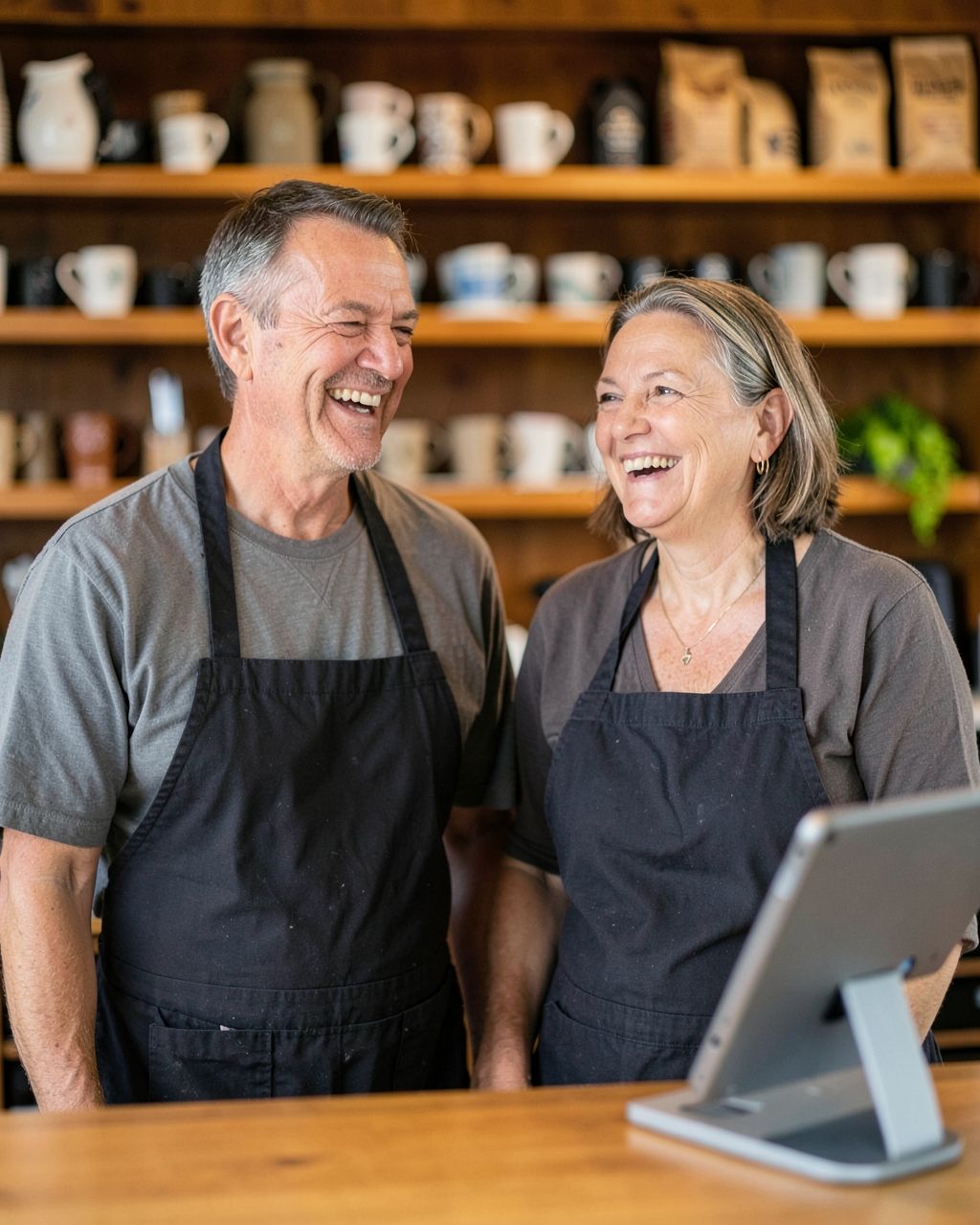 Two café owners in aprons laughing together behind their counter.