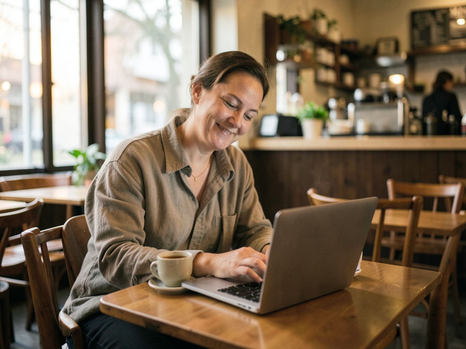 A café owner smiles at a laptop at a table after closing time, checking the day.
