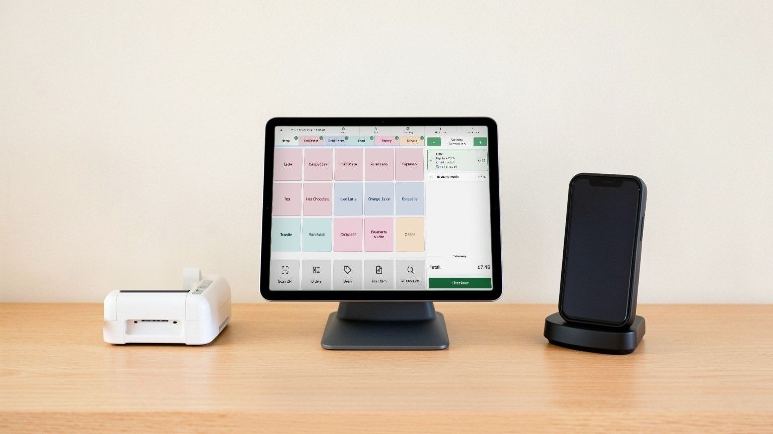 An iPad on a stand showing the 3fee sale screen, with a receipt printer and a slim modern card reader in its dock.