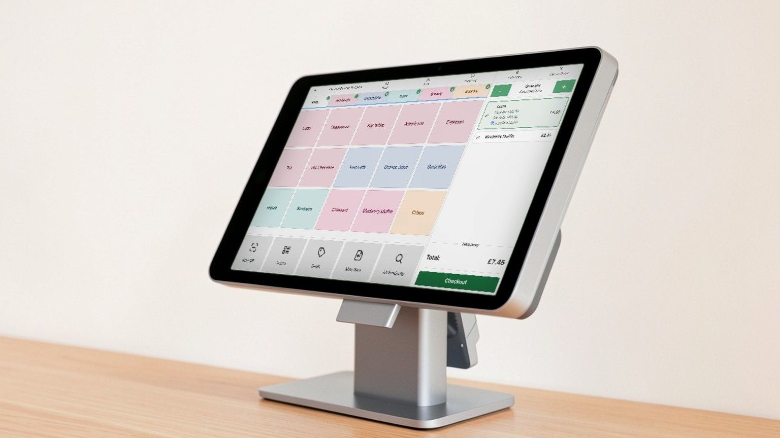 A dual-screen all-in-one till on a counter, seen from the side, showing the 3fee sale screen, with the customer display on the back.