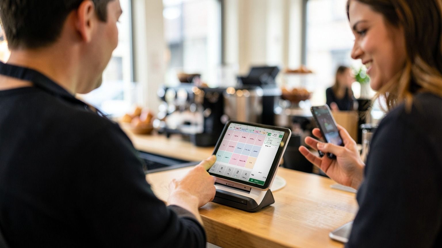 A barista taps the 3fee till on a compact all-in-one terminal while a smiling customer pays by phone.