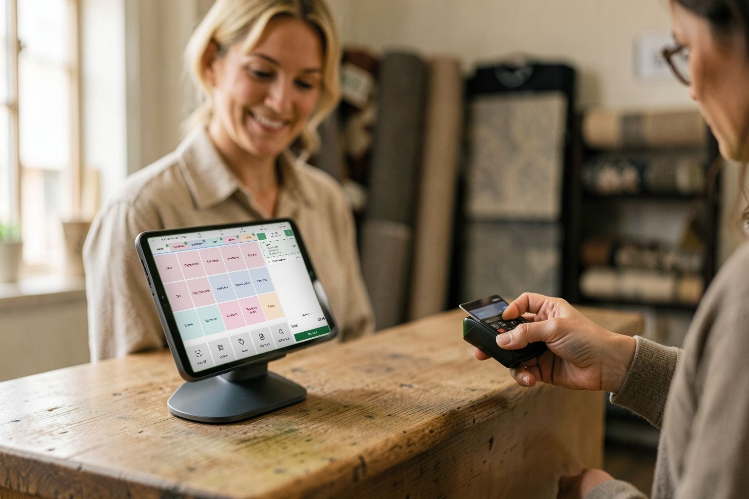 A retailer serves a customer in a small homeware and flooring store, with the 3fee till on the counter.