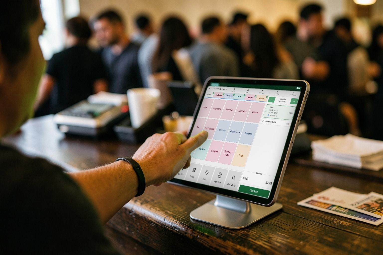 A hand taps the 3fee till on an iPad during a busy lunchtime, with a queue blurred behind.